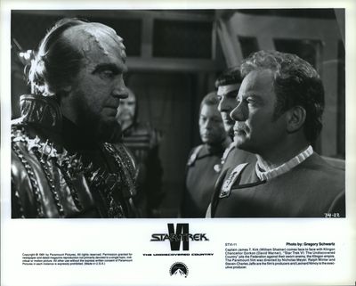 Star Trek VI-Captain James T. Kirk (William Shatner) comes face to face with Klingon Chancellor Gorkon (David Warner) in “Star Trek VI: The Undiscovered Country,” a Paramount film. Will the Klingon alphabet be needed for future COVID-19 variants? Jim Camden speculates.  (Courtesy)