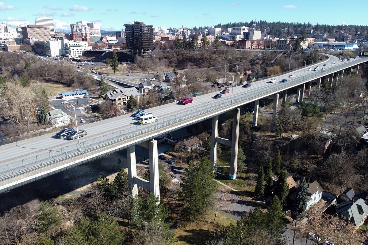 The Maple Street Bridge has been in service since opening in 1958 and carries thousands of cars over the Peaceful Valley neighborhood and across the Spokane River every day. The city of Spokane is preparing to do a major renovation.  (Jesse Tinsley/The Spokesman-Review)