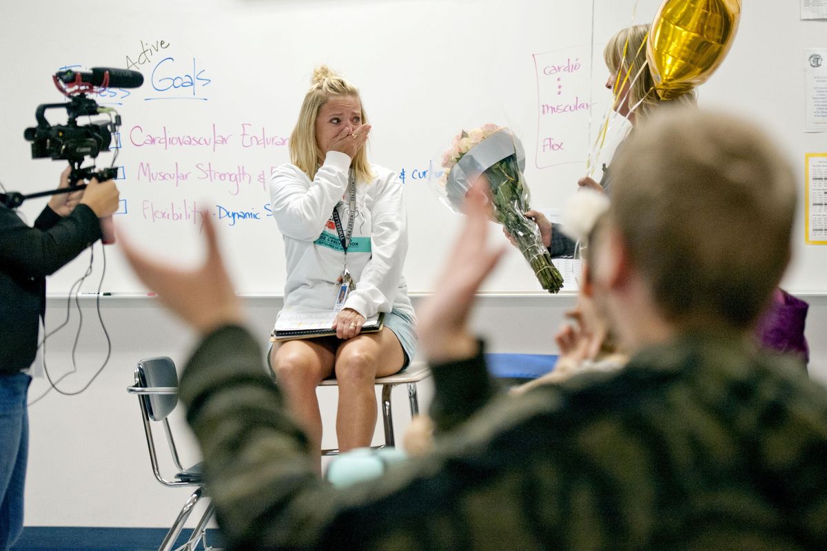 Timberlake Junior High teacher Stacie Lawler reacts after hearing that she is Idaho Teacher of the Year at the school in Spirit Lake on Thursday, Sept. 26, 2019. (Kathy Plonka / The Spokesman-Review)