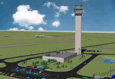 
This is an artist's rendering of the new Spokane International Airport control tower. It is expected to be completed next year.
 (Drawing courtesy of Kiewit Construction Company / The Spokesman-Review)