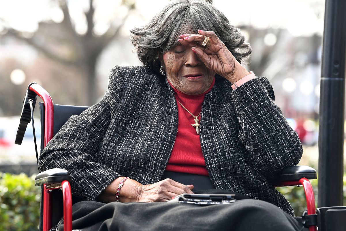 FILE - Autherine Lucy Foster reacts during the dedication ceremony for Autherine Lucy Foster Hall in Tuscaloosa, Ala., Friday, Feb. 25, 2022. Angela Foster Dickerson, Foster