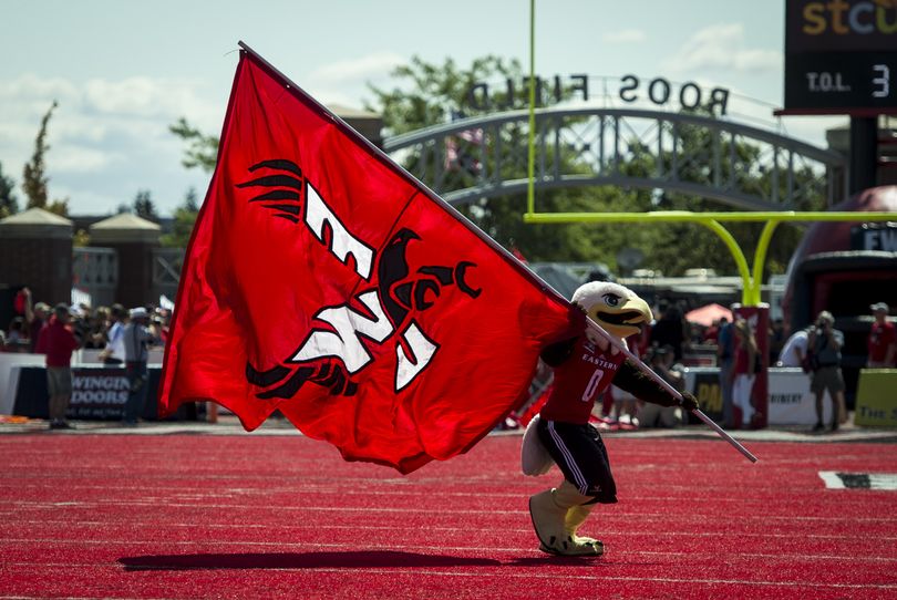 EWU mascot Swoop takes the field before the Eagles game with Sam Houston State on Roos Field in Cheney, Wash., Sat., Aug. 23, 2014. (Colin Mulvany / The Spokesman-Review)