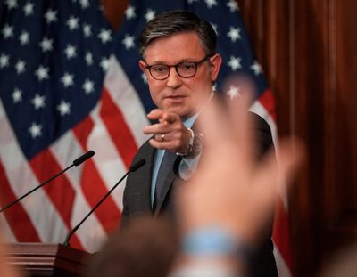 House Speaker Mike Johnson (R-LA) holds a press conference at the U.S. Capitol during the sixth day if the federal government shutdown on Oct. 6, 2025. The Senate is scheduled to vote on the stopgap funding bill for a fifth time later in the day.  (Jack Gruber/USA TODAY)