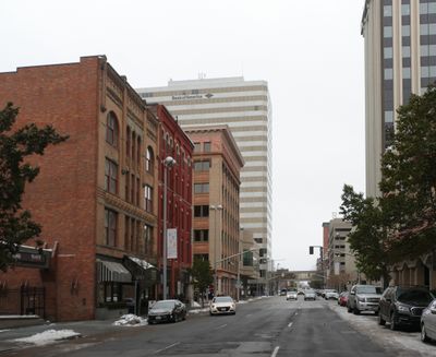 Looking east on Sprague Avenue from the Davenport Hotel, the biggest changes of the past 60 years or so are the 20-story Bank of America Financial Center and the 15-story Washington Trust Bank building.  (Jesse Tinsley/THE SPOKESMAN-REVIEW)