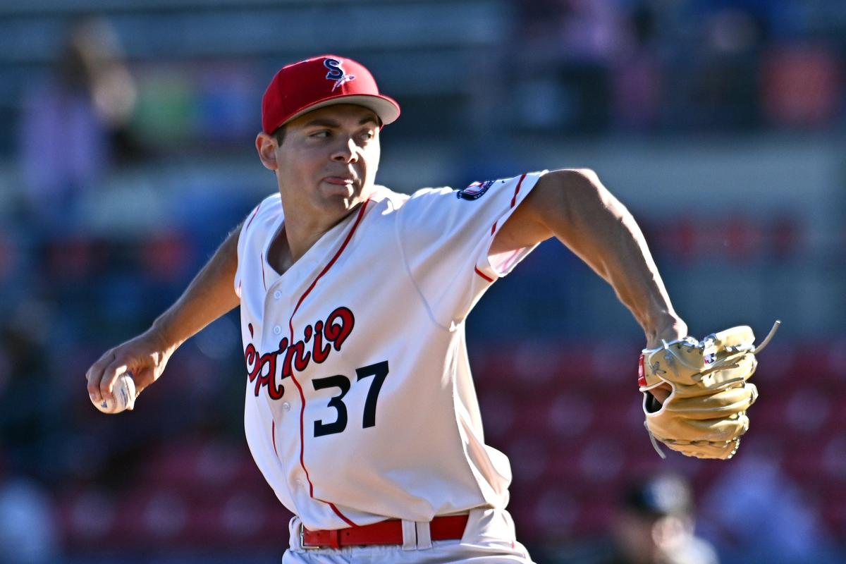 Spokane Indians starter Jackson Cox delivers against the Everett AquaSox on April 4, 2026 at Avista Stadium. (James Snook)