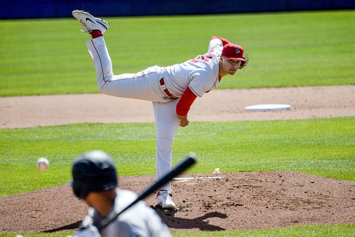 Spokane Indians pitcher #45 Gabriel Hughes throws the ball during the game against Everett in Spokane on Tuesday, April 25, 2023.  (KATHY PLONKA/THE SPOKESMAN-REVIE)
