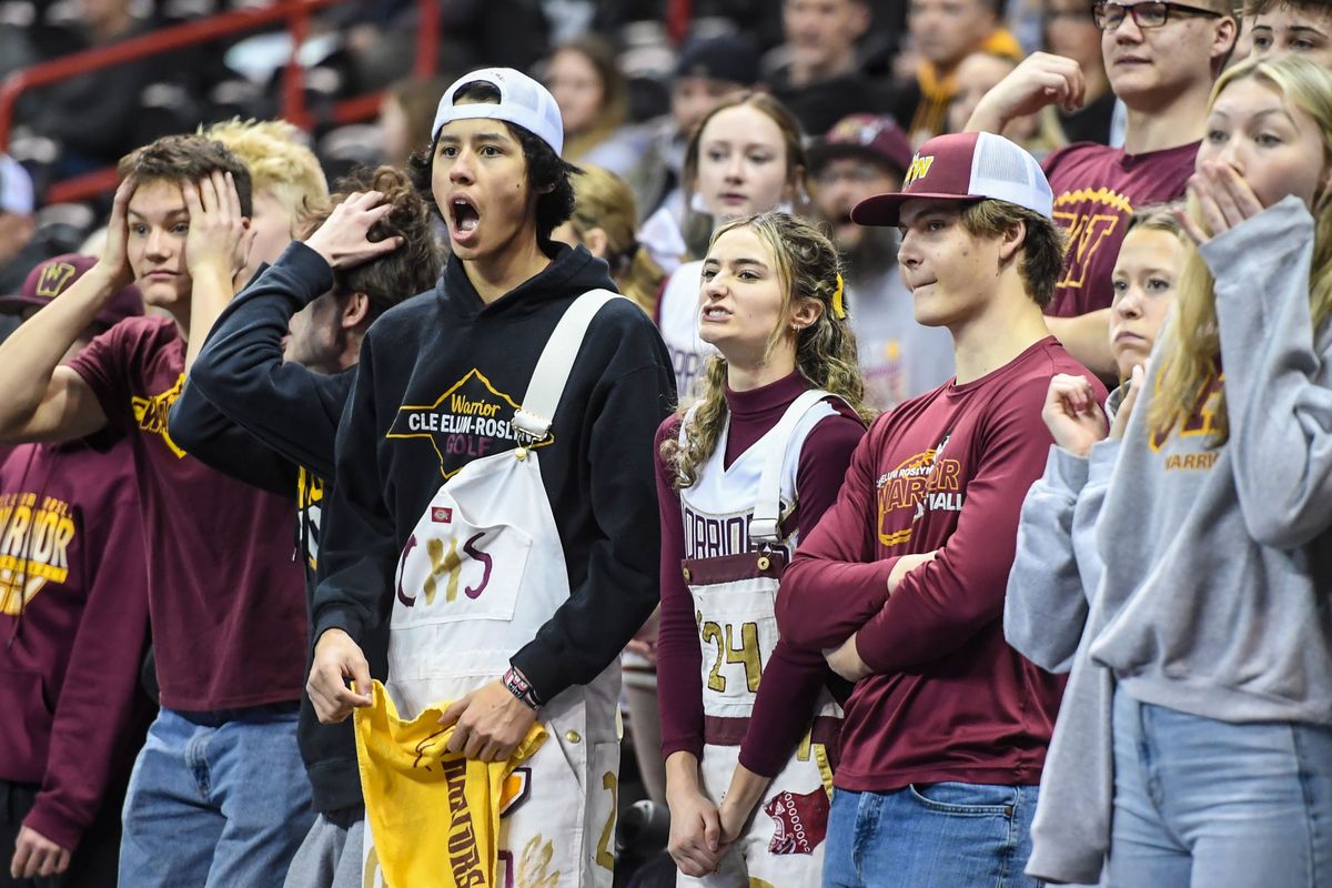 Cle Elum-Roslyn Warriors fans watch a call go against their team while playing the Okanogan Bulldogs in the State 2B Girls Basketball Championships Wednesday, Feb. 28, 2024, in the Spokane Veterans Memorial Arena.  (DAN PELLE/THE SPOKESMAN-REVIEW)