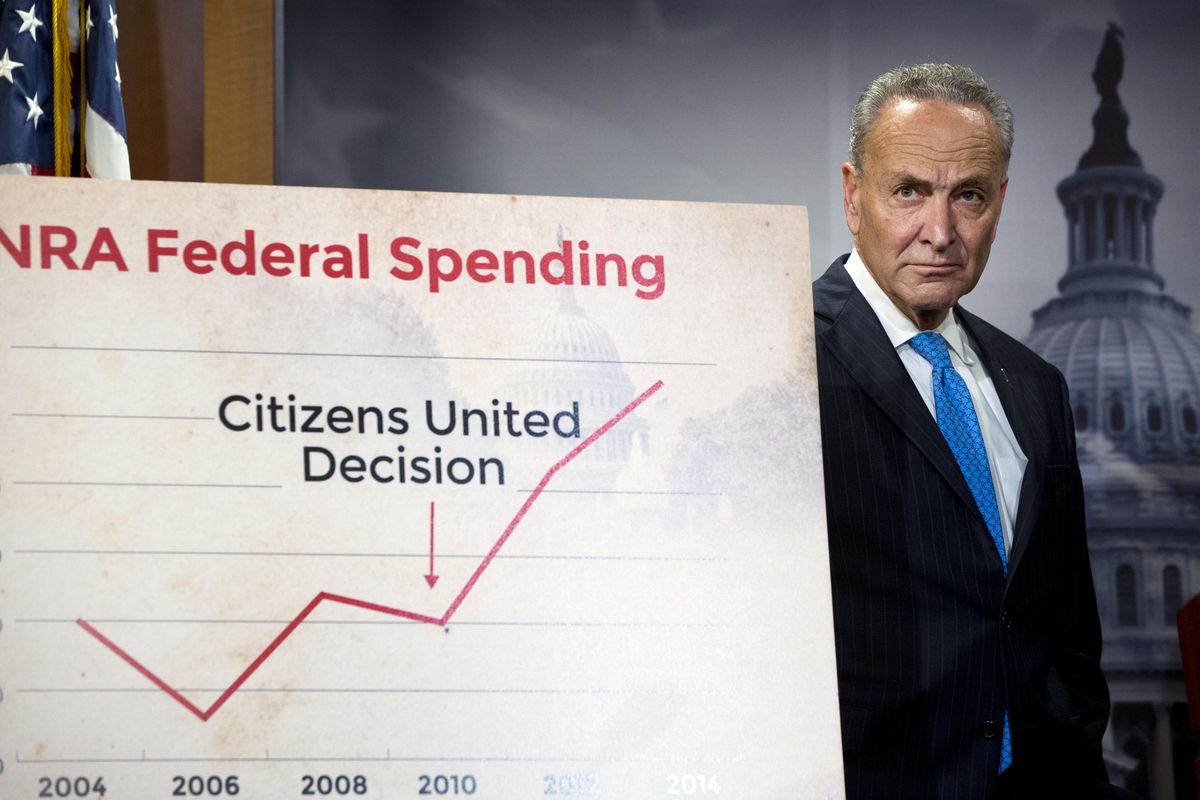 Sen. Charles Schumer, D-N.Y. stands by a board illustrating the National Rifle Association spending during a news conference about gun control legislation, Thursday, June 23, 2016, on Capitol Hill in Washington. (Alex Brandon / Associated Press)