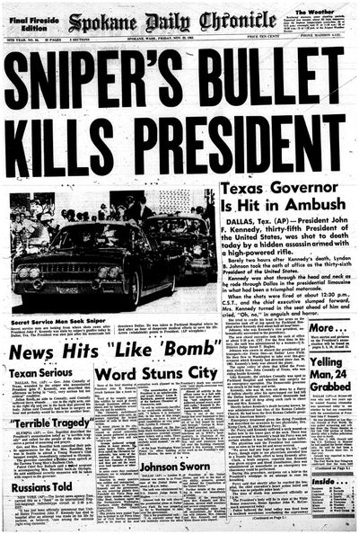 Spokane Daily Chronicle front page on Nov. 22, 1963 (Spokesman-Review archives)