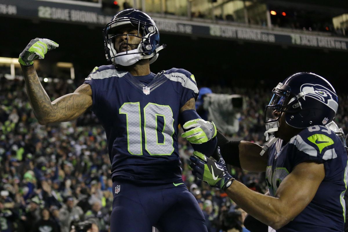Seattle Seahawks wide receiver Paul Richardson (10) celebrates with wide receiver Doug Baldwin after Richardson caught a pass for a touchdown against the Detroit Lions in the first half of an NFL football NFC wild card playoff game, Saturday, Jan. 7, 2017, in Seattle. (Elaine Thompson / Associated Press)