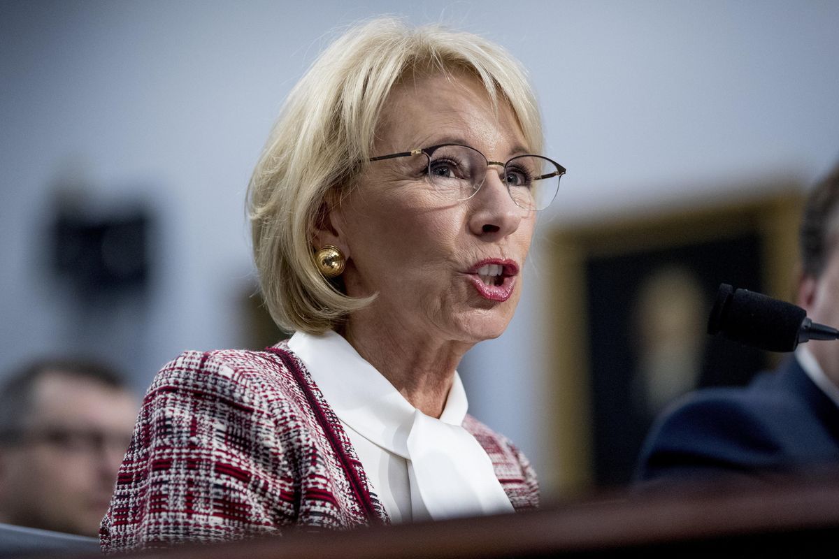 In this March 26, 2019 file photo, Education Secretary Betsy DeVos speaks during a House Appropriations subcommittee hearing on Capitol Hill in Washington. The Education Department is fining Michigan State University $4.5 million for failing to respond to sexual assault complaints against Dr. Larry Nassar. The announcement was made Thursday, by Education Secretary Betsy DeVos. (Andrew Harnik / Associated Press)