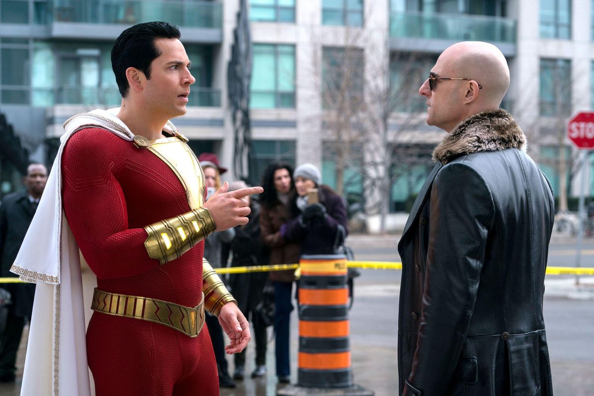 Zachary Levi and Mark Strong in “Shazam!” (Warner Bros.)