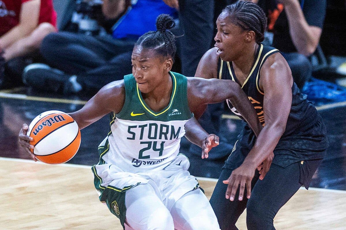 Seattle Storm guard Jewell Loyd steals the ball from Las Vegas Aces guard Chelsea Gray during Game 1 of their WNBA semifinal on Aug. 28 in Las. Vegas.  (L.E. Baskow)