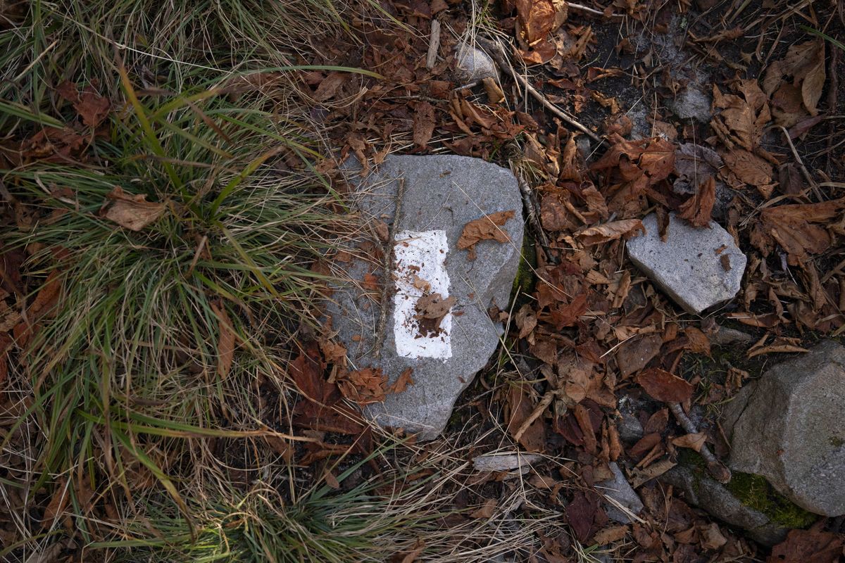 Trail markers, called “blazes,” are essential guides for A.T. hikers from Georgia to Maine.   (Allison Joyce/For The Washington Post)