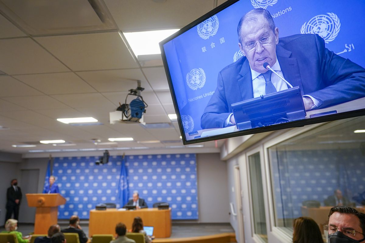 Russian Foreign Minister Sergey Lavrov is seen on a video screen as he speaks to reporters during a news conference during 76th session of the United Nations General Assembly, Saturday, Sept. 25, 2021 at United Nations headquarters.  (Mary Altaffer)