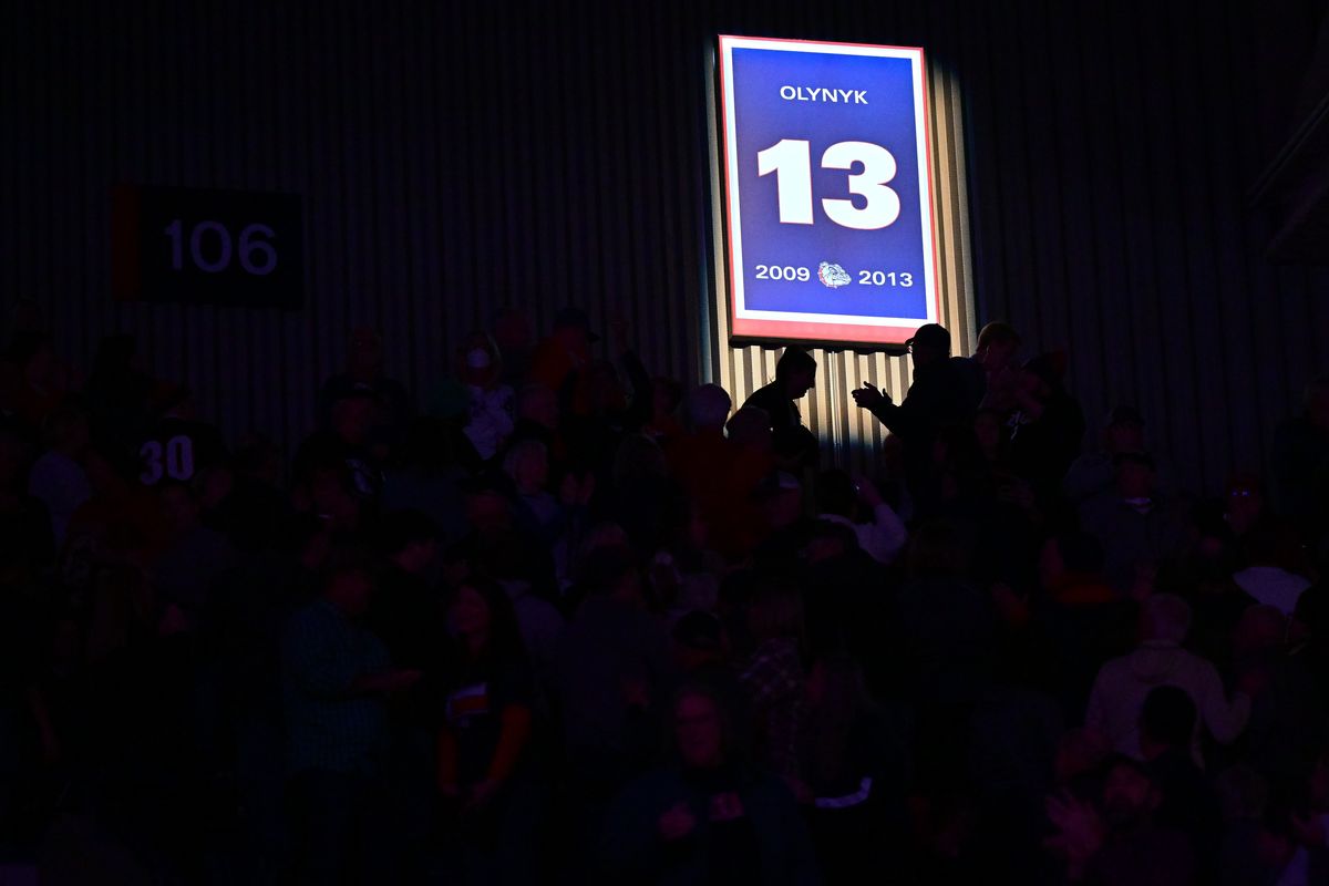 Former Gonzaga standout Kelly Olynyk’s jersey is hung from the rafters during a ceremony to retire his jersey before the start of the first half of a college basketball game on Monday, Dec. 5, 2022, at McCarthey Athletic Center in Spokane, Wash.  (Tyler Tjomsland/The Spokesman-Review)