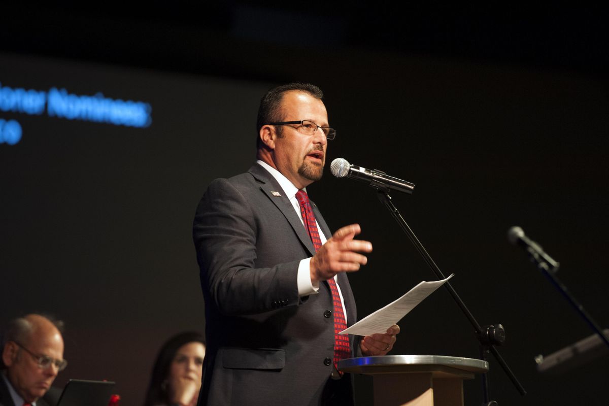 Businessman John Guarisco gives a speech to the Spokane County Republican Party on Saturday, Aug. 5, 2017 at the Sun City Church in Spokane Valley. The party nominated him and two others to replace former Spokane County Commissioner Shelly O’Quinn. (Kathy Plonka / The Spokesman-Review)