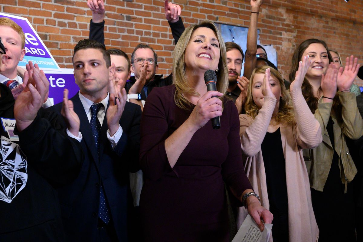 Nadine Woodward is cheered by the election night crowd after opponent Ben Stuckart conceded the race for Spokane Mayor, Tues., Nov. 5 2019, at the Barrister Winery. (Colin Mulvany / The Spokesman-Review)