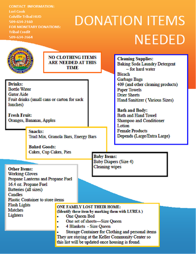 Poster for donations needed in Ferry County after July 20, 2012, wind storm.