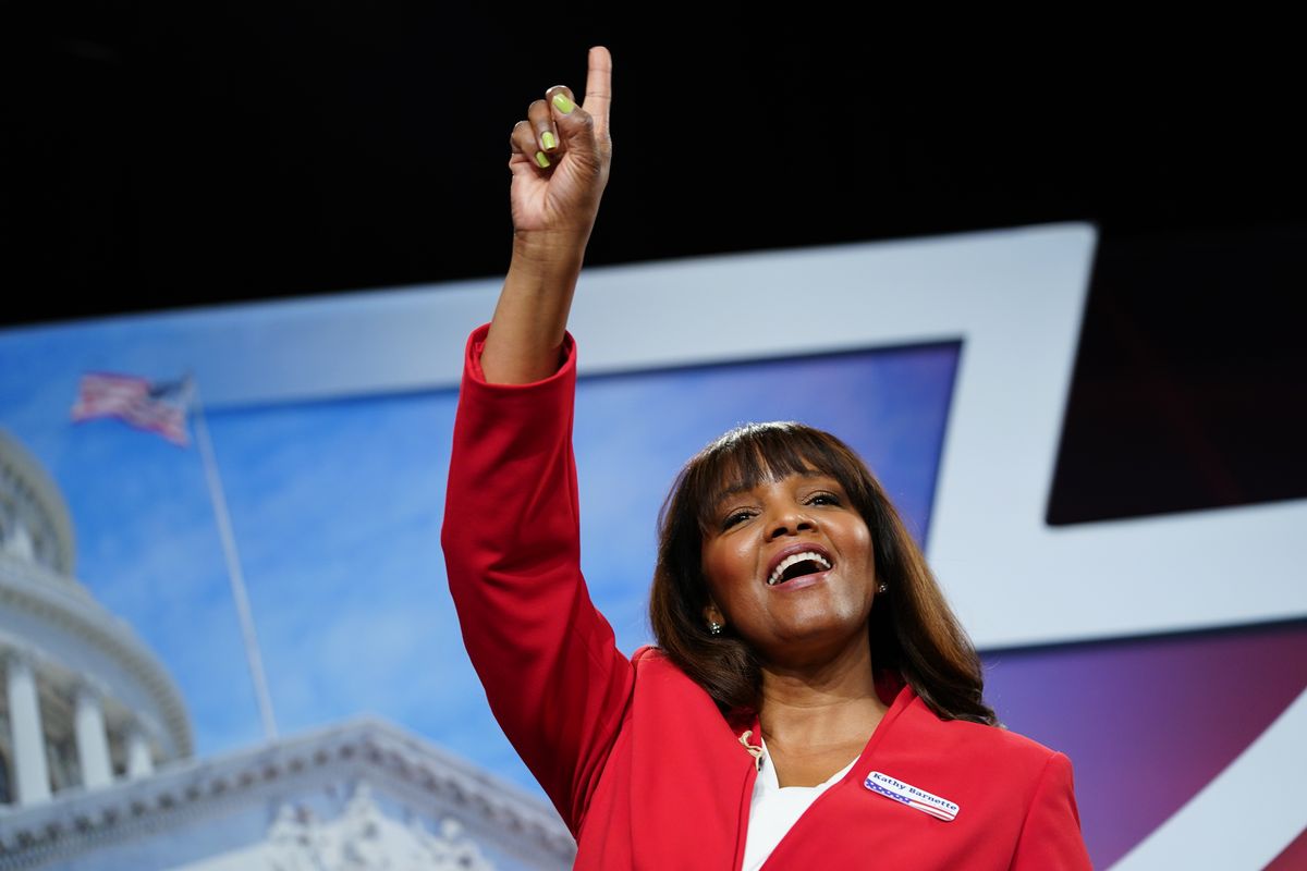 FILE - Kathy Barnette takes part in a forum for Republican candidates for U.S. Senate in Pennsylvania at the Pennsylvania Leadership Conference in Camp Hill, Pa., Saturday, April 2, 2022. Several prominent conservative groups are getting involved in Pennsylvania