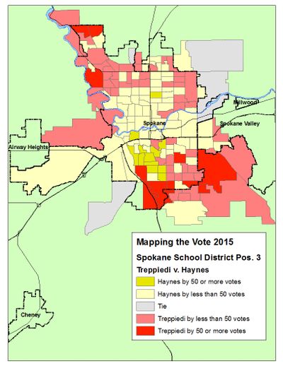 This map shows the vote margins for candidates in the Spokane School Board Pos. 3 race after the ballot count on Wednesday, Nov. 4. (Jim Camden/The Spokesman-Review)