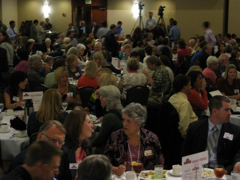 Sellout crowd at City Club of Boise forum Tuesday on school reform laws (Betsy Russell)