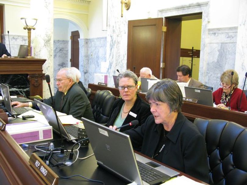 Rep. Shirley Ringo, D-Moscow, right, joined Sen. Nicole LeFavour, D-Boise, second from right, in opposing a couple of the pieces of a lean budget approved in JFAC on Friday morning for the state Department of Corrections. The Democrats said they wanted more funding for treatment programs and supervision of parolees and probationers. (Betsy Russell)