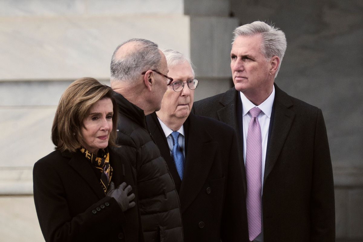 FILE -- Congressional leaders, from left, House Speaker Nancy Pelosi, Chuck Schumer, the Senate majority leader; Mitch McConnell, the Senate minority leader; and Kevin McCarthy, the House minority leader, outside the Capitol in Washington, Dec. 10, 2021. President Joe Biden milestone birthday has brought new attention to the gerontocracy that has led both parties for years and raised questions about when a new generation will come forth. (T.J. Kirkpatrick/The New York Times)  (T.J. KIRKPATRICK)