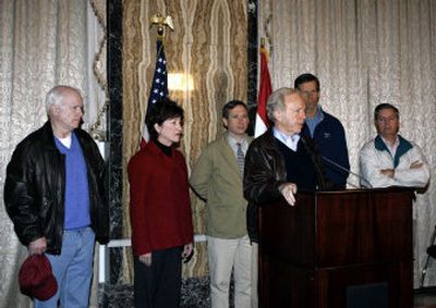 
U.S. Sen. Joseph Lieberman, D-Conn., speaks during a press conference Thursday in Baghdad, joined by, from left, Sen. John McCain, R-Ariz., Sen. Susan Collins, R-Maine,  Rep. Mark Kirk, R-Ill., and Sen. John Thune, R-S.D.
 (Associated Press / The Spokesman-Review)