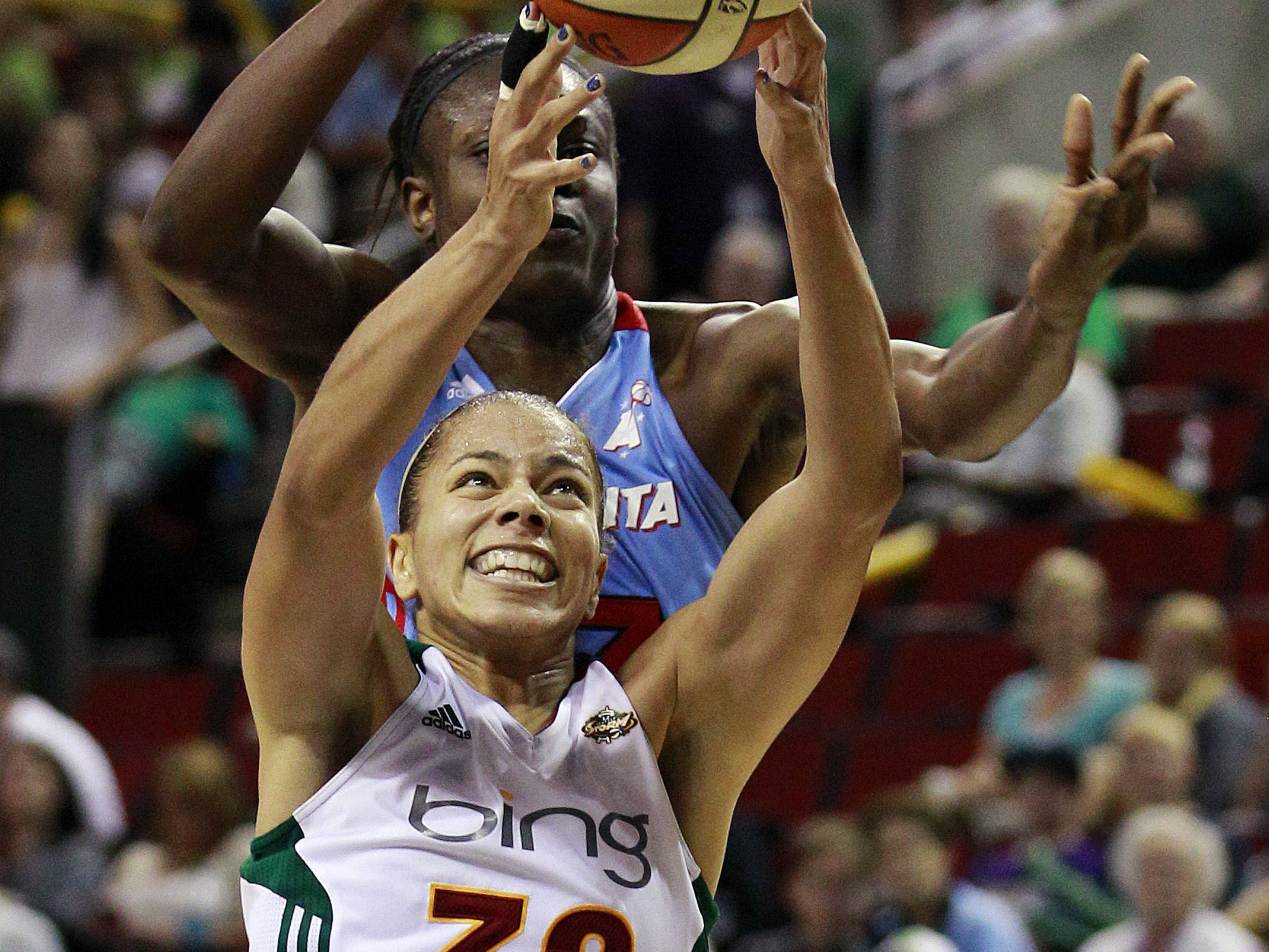 ATLANTA, GA – JULY 22: Atlanta Dream's mascot Star with a member of the  military during the WNBA game between Atlanta and Seattle on July 22, 2018  at Hank McCamish Pavilion in