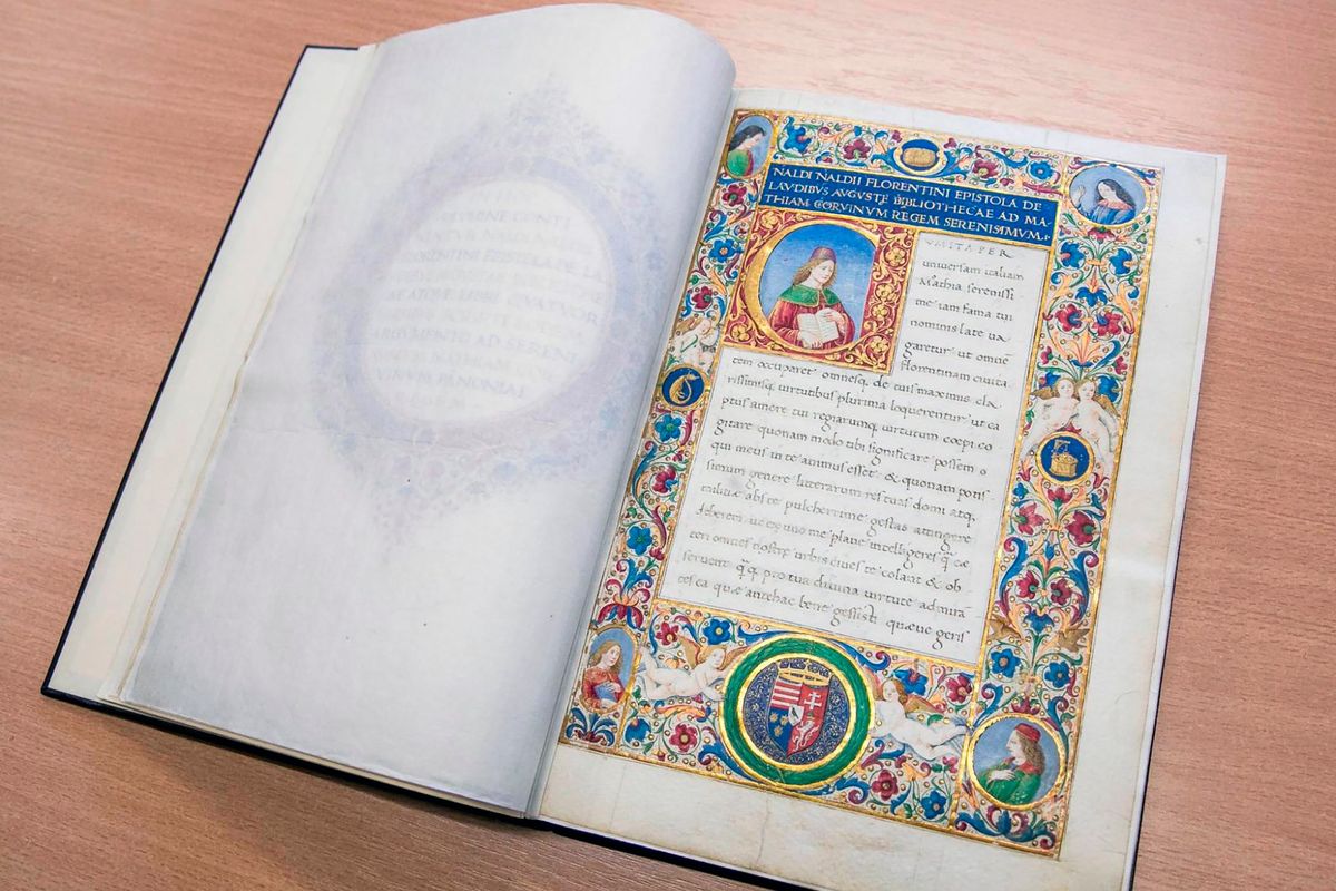 A unique 15th century ornamented manuscript on parchment is seen in a library in Torun, Poland, on Monday, Feb. 14, 2022. Local authorities and officials in central Poland are protesting government plans to offer Hungary a unique 15th century ornamented manuscript that is the most precious item of a library in Torun. A lawmaker with Poland