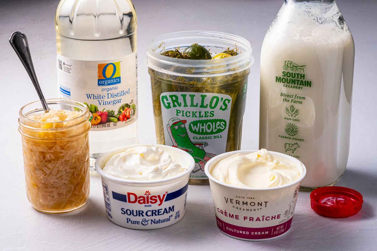 Add instant depth to food with sour-leaning ingredients including sauerkraut, sour cream, vinegar, pickles, buttermilk and crème fraîche.  (Photos by Scott Suchman; food styling by Lisa Cherkasky/Both for The Washington Post)