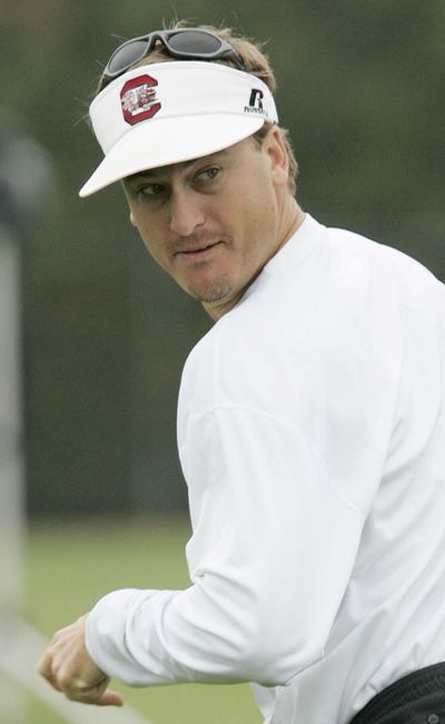 South Carolina's receivers coach Steve Spurrier Jr. looks back at his players during practice Tuesday, Aug. 9, 2005, in Columbia, S.C. (MARY ANN CHASTAIN / AP)