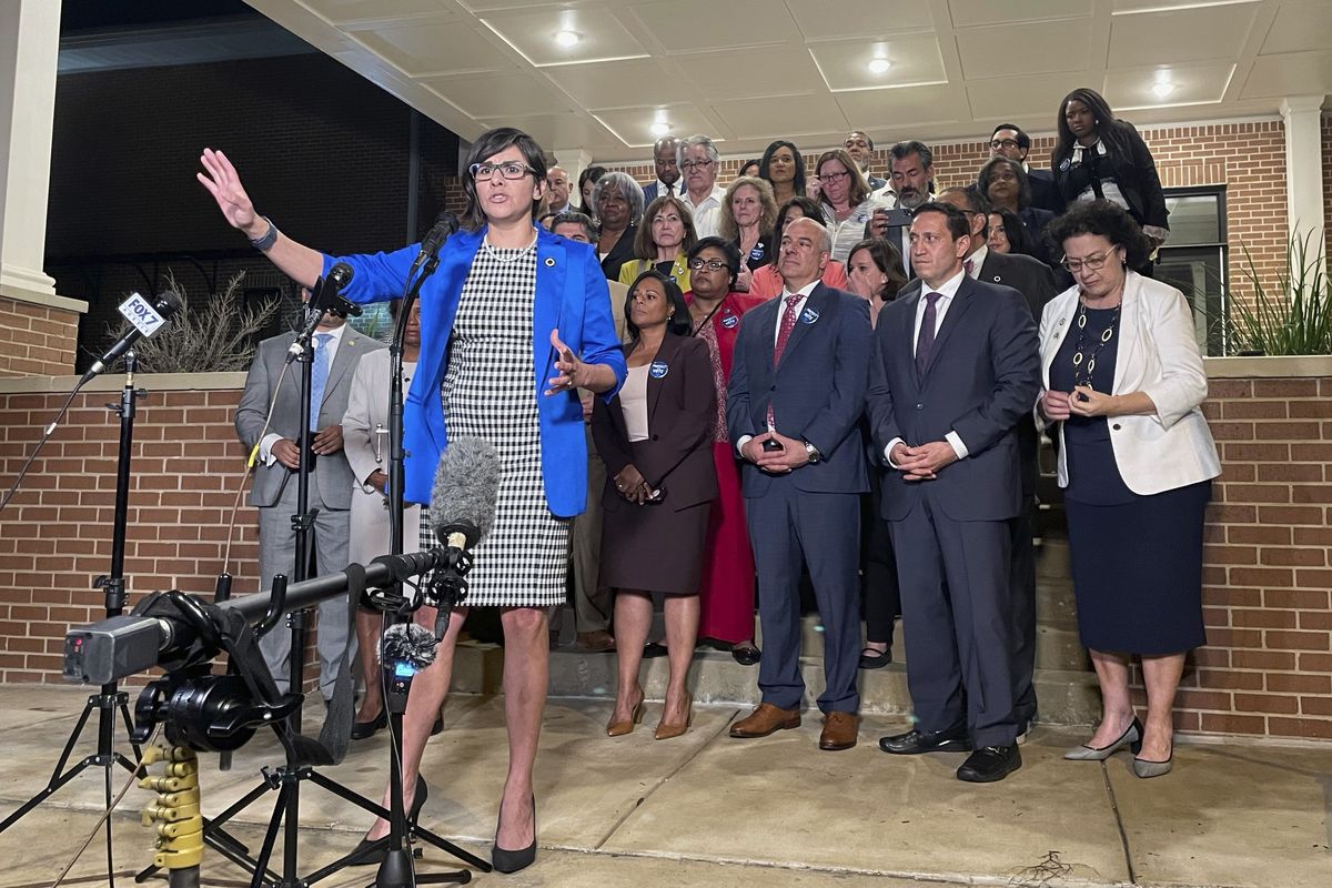 In this May 31, 2021 photo, Texas state Rep. Jessica Gonzalez speaks during a news conference in Austin, Texas, after House Democrats pulled off a dramatic, last-ditch walkout and blocked one of the most restrictive voting bills in the U.S. from passing before a midnight deadline. Democrats in the Texas Legislature were planning Monday, July 12, to leave the state in another revolt against a GOP overhaul of election laws.  (Acacia Coronado)