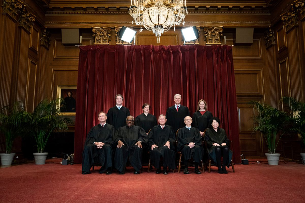 FILE - Members of the Supreme Court pose for a group photo at the Supreme Court in Washington, April 23, 2021. Seated from left are Associate Justice Samuel Alito, Associate Justice Clarence Thomas, Chief Justice John Roberts, Associate Justice Stephen Breyer and Associate Justice Sonia Sotomayor, Standing from left are Associate Justice Brett Kavanaugh, Associate Justice Elena Kagan, Associate Justice Neil Gorsuch and Associate Justice Amy Coney Barrett. Judge Ketanji Brown Jackson will join a Supreme Court that is both more diverse than ever and more conservative than it