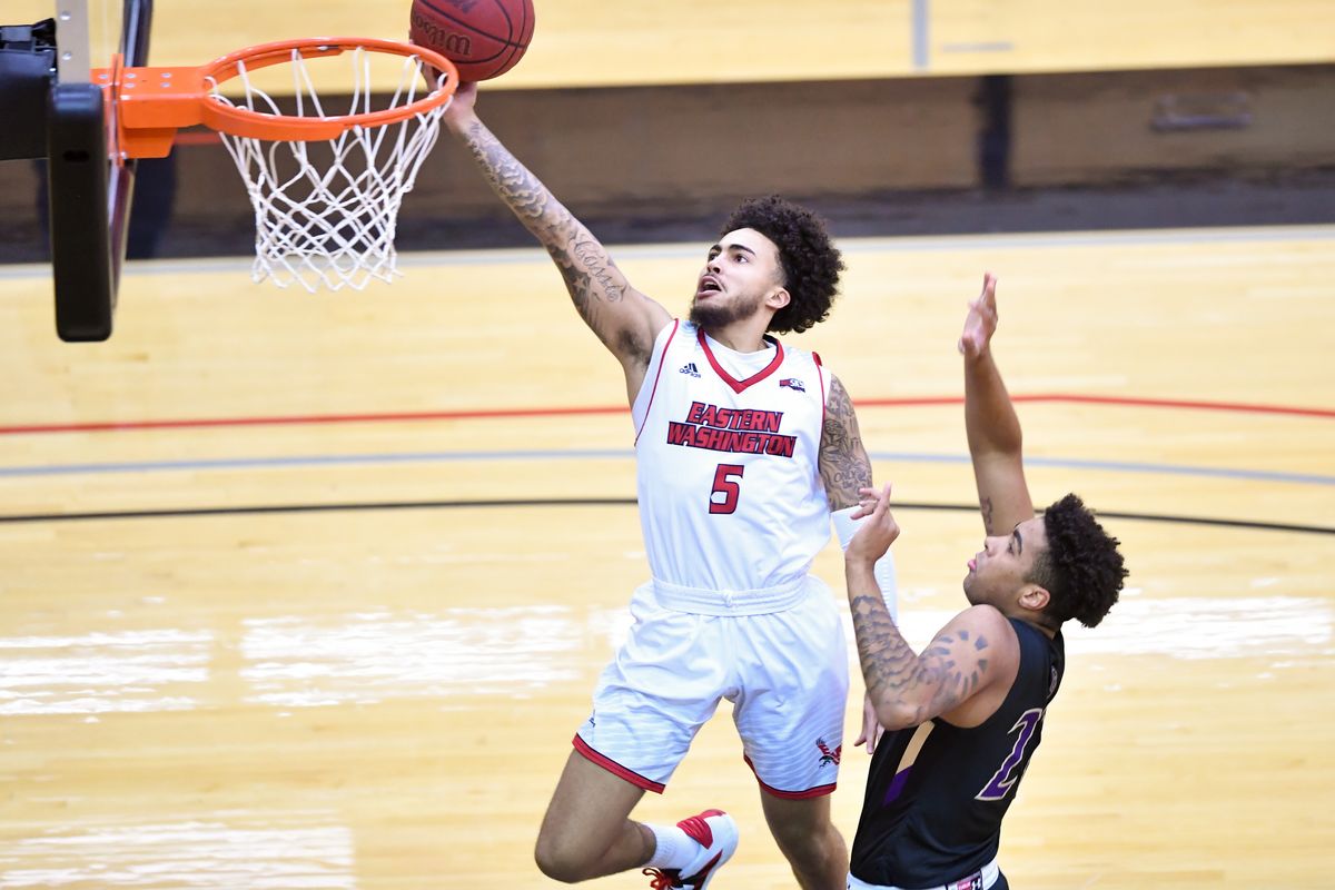 Eastern Washington starting guard Casson Rouse scores against College of Idaho during the first half of Friday’s nonconference game.  (Tyler Tjomsland/THE SPOKESMAN-RE)