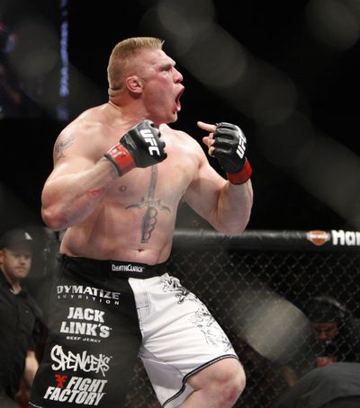 Brock Lesnar was victorious in the main event at UFC 100.  (Associated Press / The Spokesman-Review)