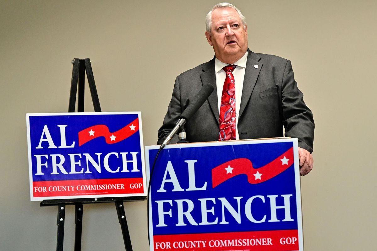 Spokane County Commissioner Al French speaks during a press conference in Spokane on Wednesday, Oct. 23, 2024.  (Tyler Tjomsland/The Spokesman-Review)