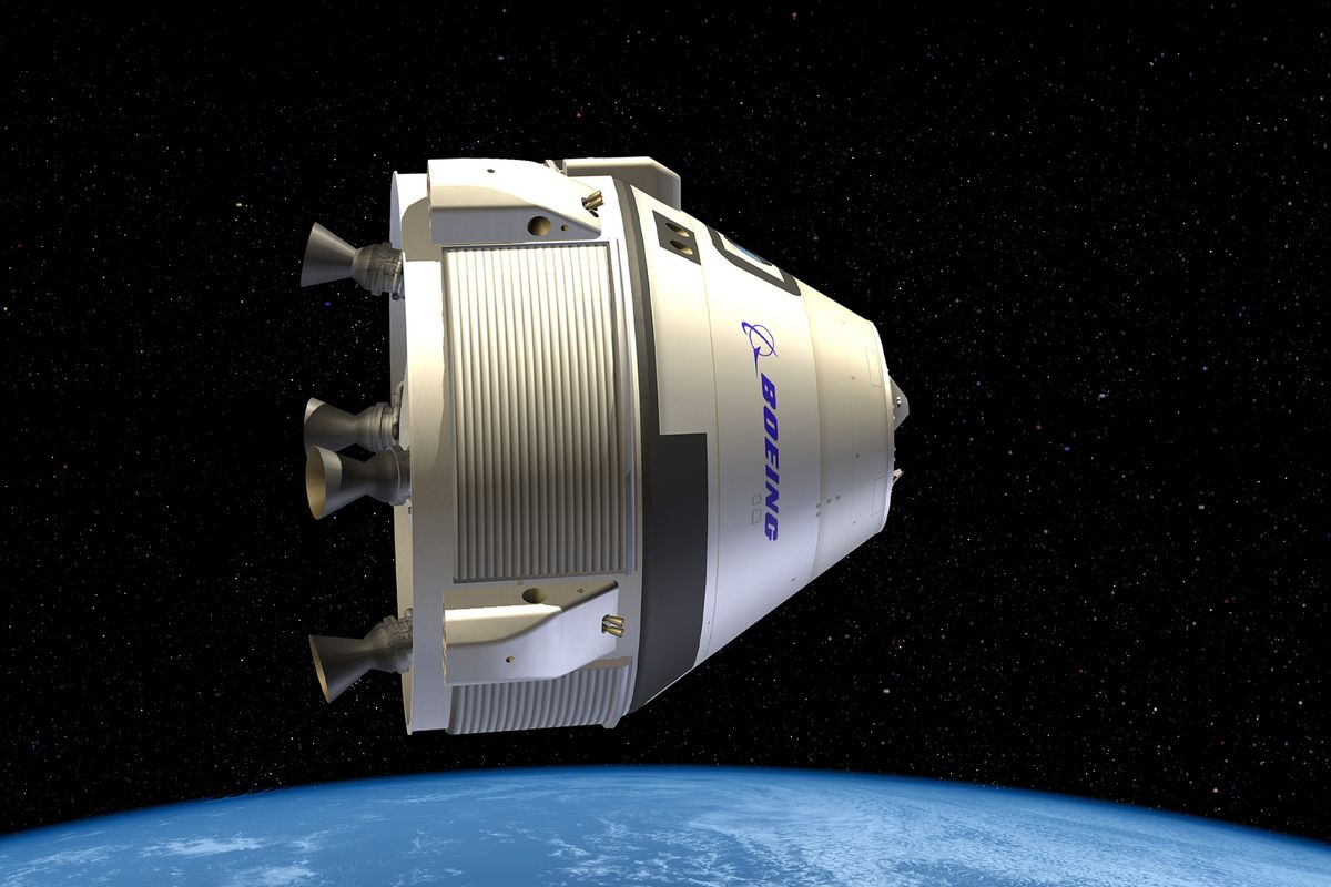 This undated artist illustration provided by Boeing shows the seven-person spaceship that has been dubbed the Crew Space Transportation-100. (Associated Press)