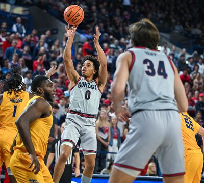Gonzaga guard Ryan Nembhard, who scored 22 points, shoots against Cal State Bakersfield during the Zags’ 81-65 home win Tuesday.  (By Colin Mulvany/The Spokesman-Review)