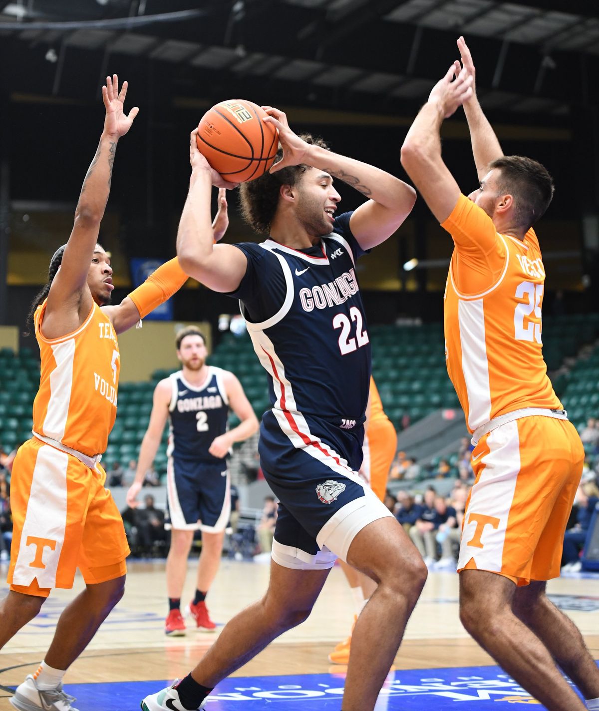 Tennessee defenders surround Gonzaga’s Anton Watson on his way to the basket during Friday’s exhibition in Frisco, Texas. (Jesse Tinsley/THE SPOKESMAN-REVIEW)