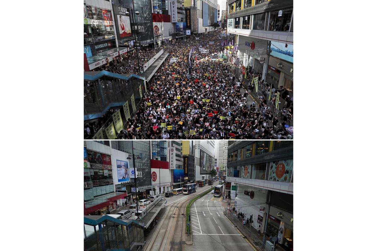 This combination photo shows that street flooded by protesters during a rally marking the 22nd anniversary of the former British colony
