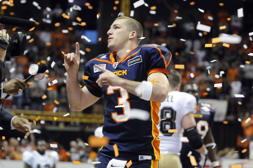 Spokane Shock quarterback, Kyle Rowley, is surrounded by confetti at the end of their win over Iowa in the Arena Bowl in Spokane, Wash. (Christopher Anderson / The Spokesman-Review)