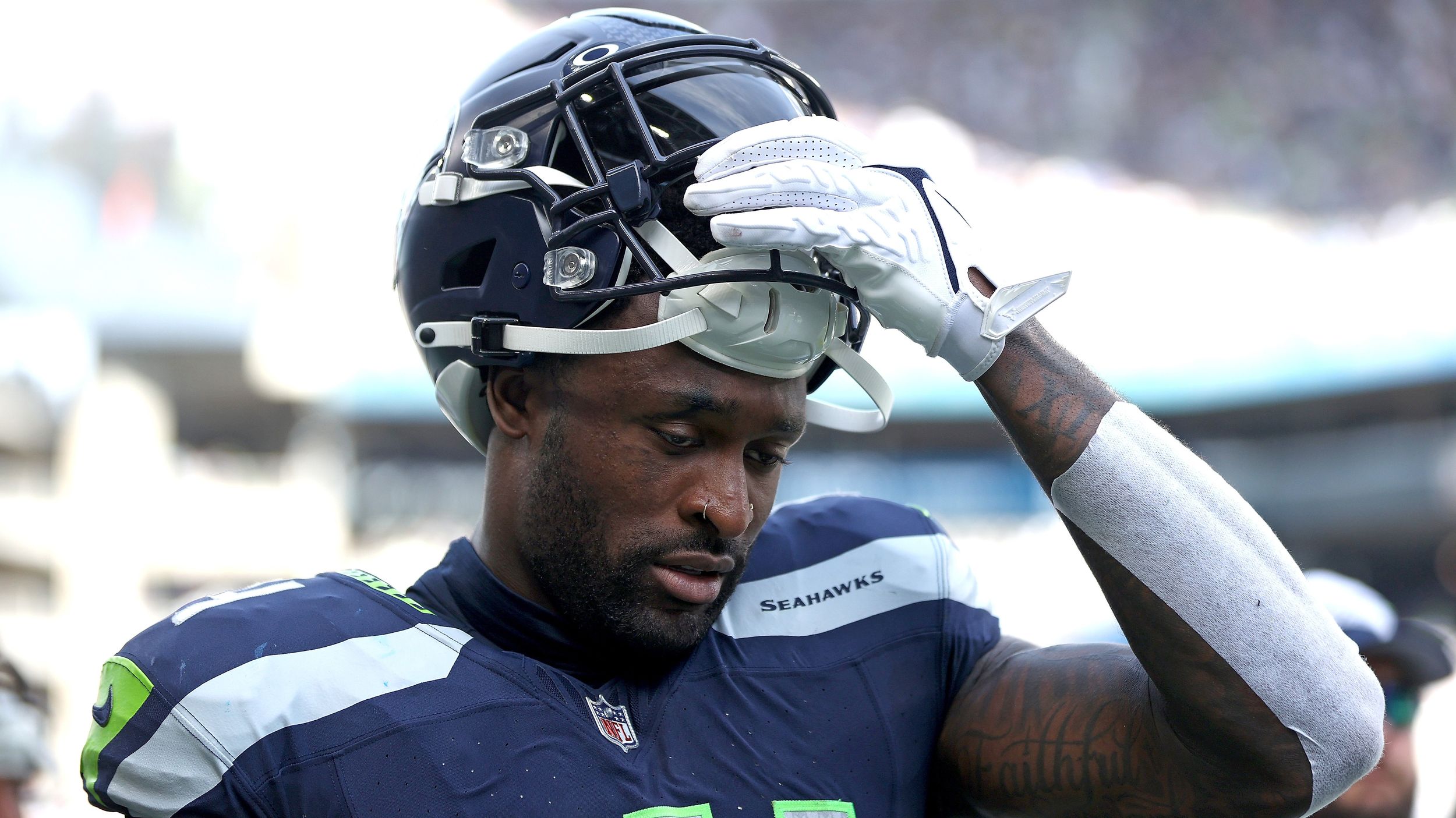 Los Angeles Rams defensive back Russ Yeast is pictured before an NFL  football game against the Seattle Seahawks, Sunday, Sept. 10, 2023, in  Seattle. The Rams won 30-13. (AP Photo/Stephen Brashear Stock