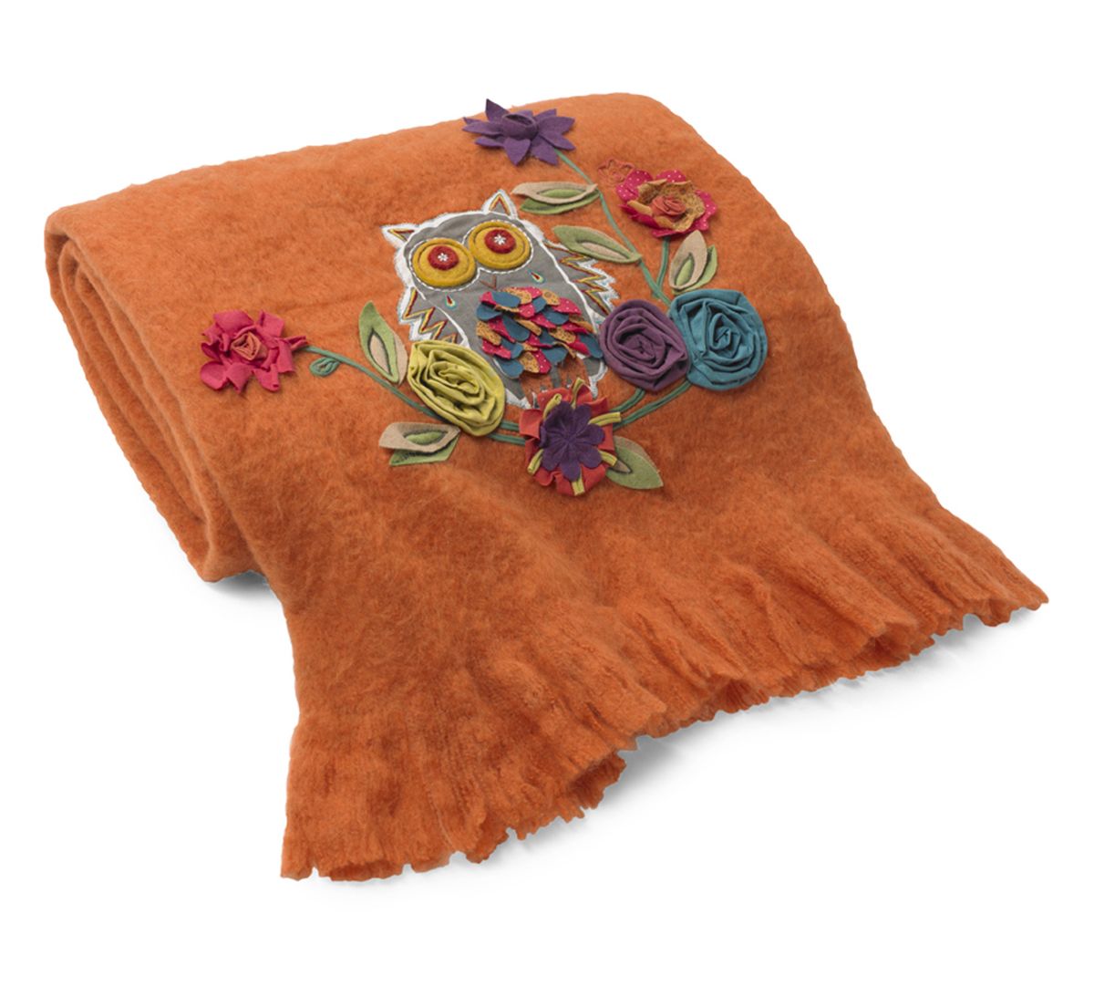 This photo from HomeGoods.com shows appliqued flowers that decorate a wool-blend throw in fall hues. (Associated Press)
