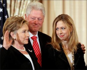 Former President Bill Clinton, center, and daughter Chelsea Clinton, right, look on during a ceremonial swearing-in for Secretary of State Hillary Rodham Clinton, Monday, at the State Department in Washington. (AP Photo/Haraz N. Ghanbari)
(February 02, 2009) (The Spokesman-Review)
