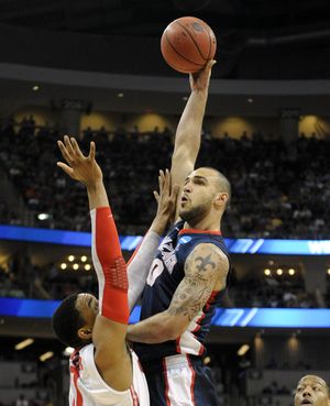 Gonzaga’s Robert Sacre shoots a jump hook during the Bulldogs’ loss to Ohio State on Saturday in Pittsburgh. (Christopher Anderson)