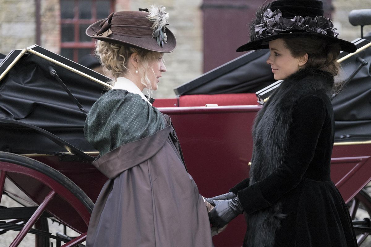 This image released by Roadside Attractions shows Chloe Sevigny, left, and Kate Beckinsale in a scene from the film, "Love & Friendship." (Bernard Walsh / AP)