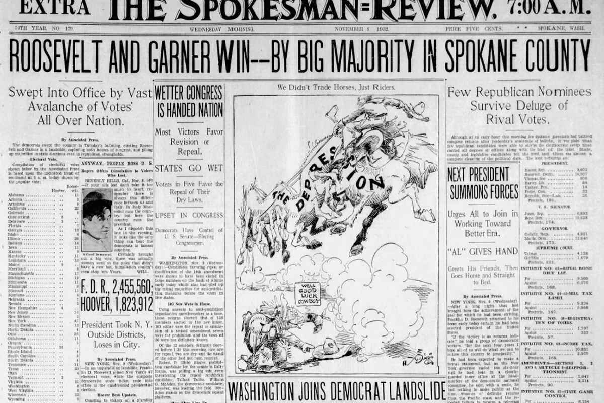 Washington voters overwhelmingly approved an income tax in the 1932 election. In the midst of the Great Depression, Spokane County voted overwhelming for Democrats Franklin Roosevelt for president and Clarence Martin of Cheney for Washington governor as well as for Initiative 69, which created a state income tax.  (Spokesman-Review archives)