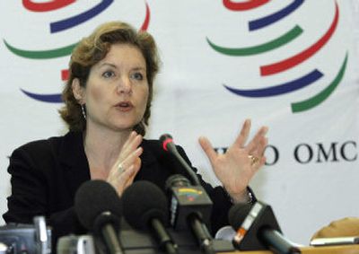 
US trade representative Susan Schwab speaks during a press conference Saturday in Geneva, Switzerland. 
 (Associated Press / The Spokesman-Review)
